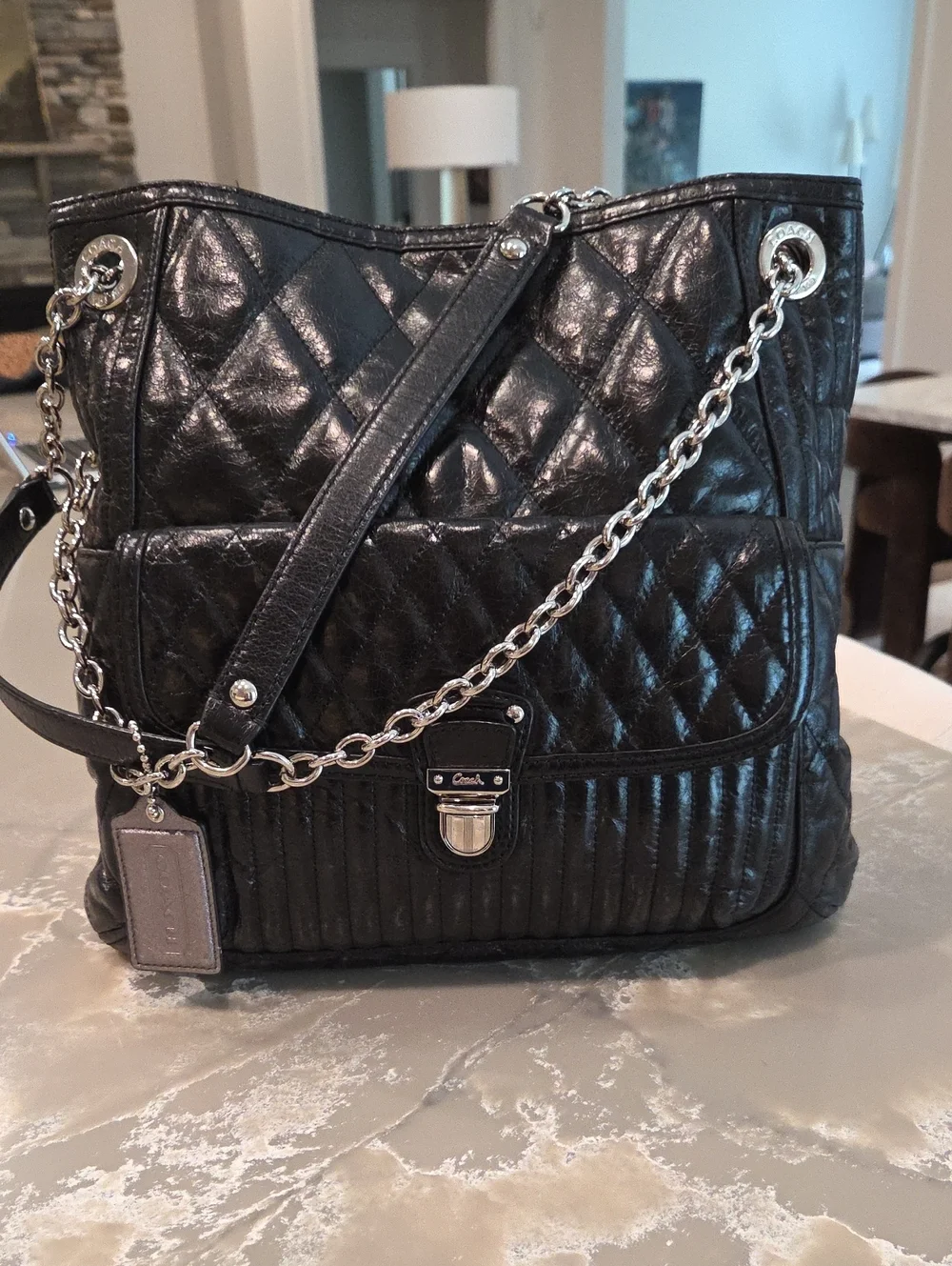 Coach Black Quilted Leather Shoulder Bag with Silver Chain
